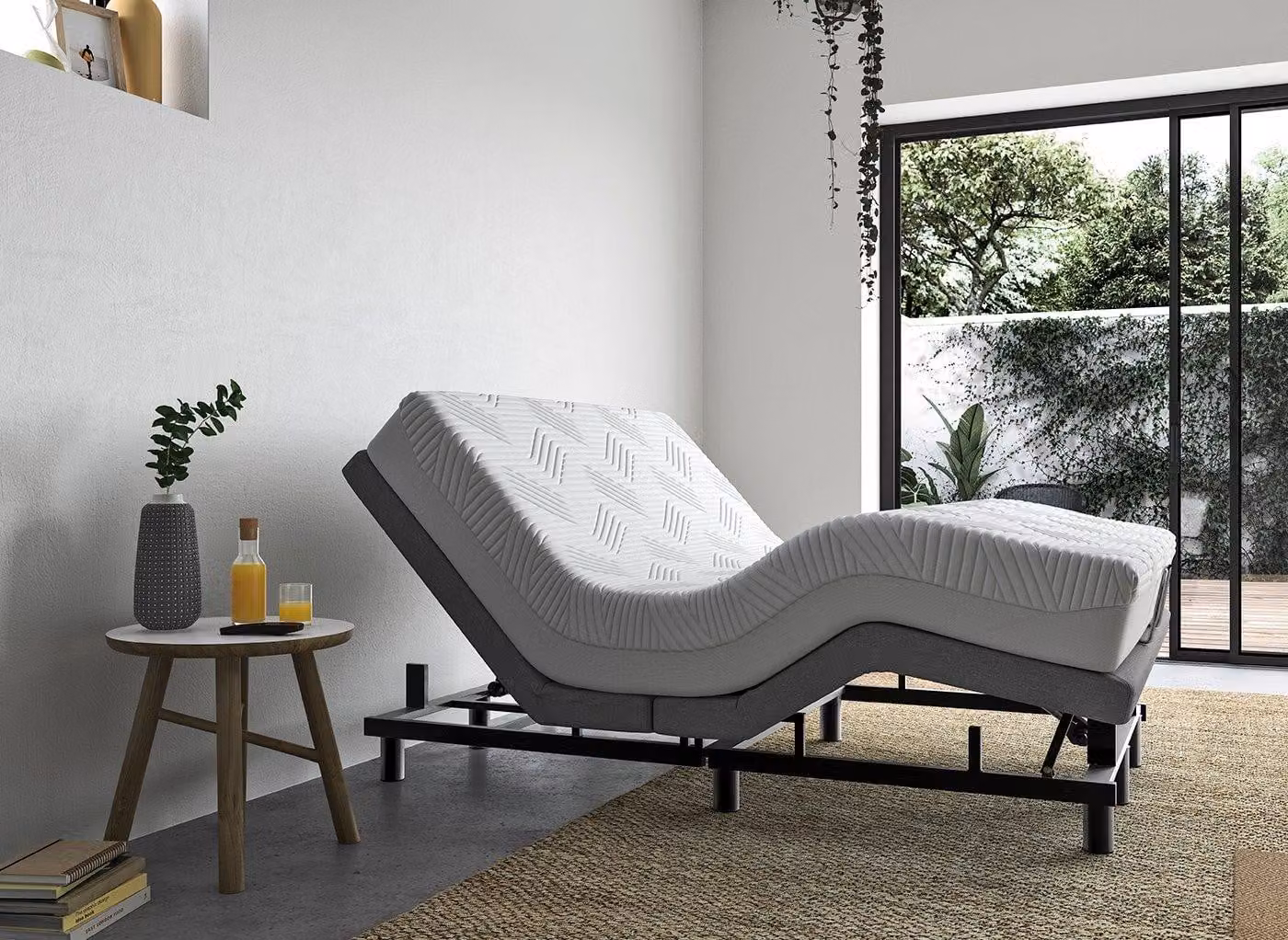 Sleepmotion 400i Motorised Adjustable Bed Frame in White Metal with Fabric Headboard and Massage Function
