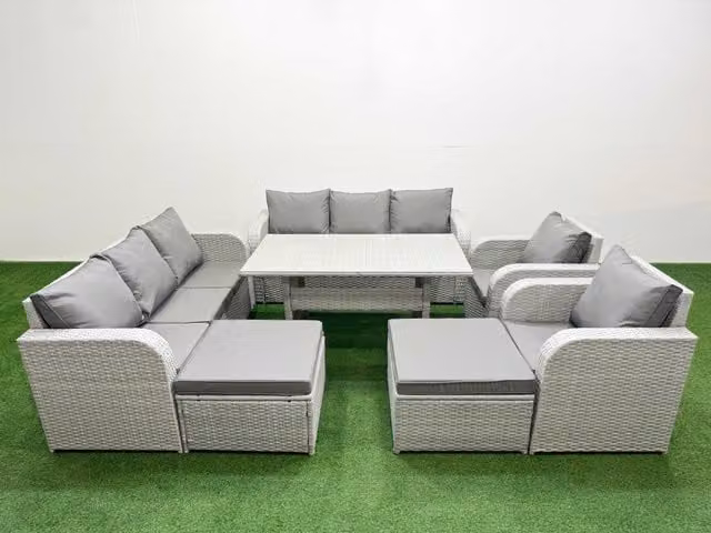 Fimous PE Rattan High Back Lounge Sofa Set with Rectangular Dining Table, 3 Seater Sofa, Reclining Chair and 2 Footstools, Light Grey