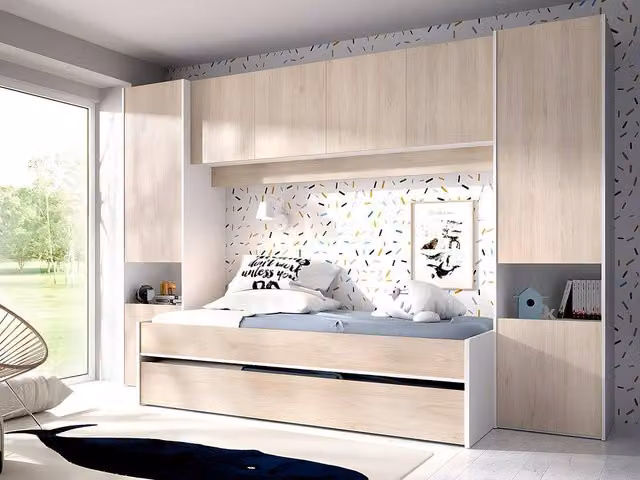 Vente-unique Single Trundle Bed with Overbed Storage Unit in Oak and White, W/D/H: 90 x 190 x 103 cm