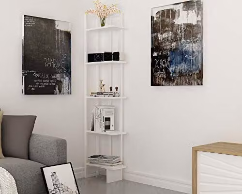 Decorotika Alice 5-Tier Industrial Corner Bookshelf with Metal and Wood Frame, White, Height: 180 cm