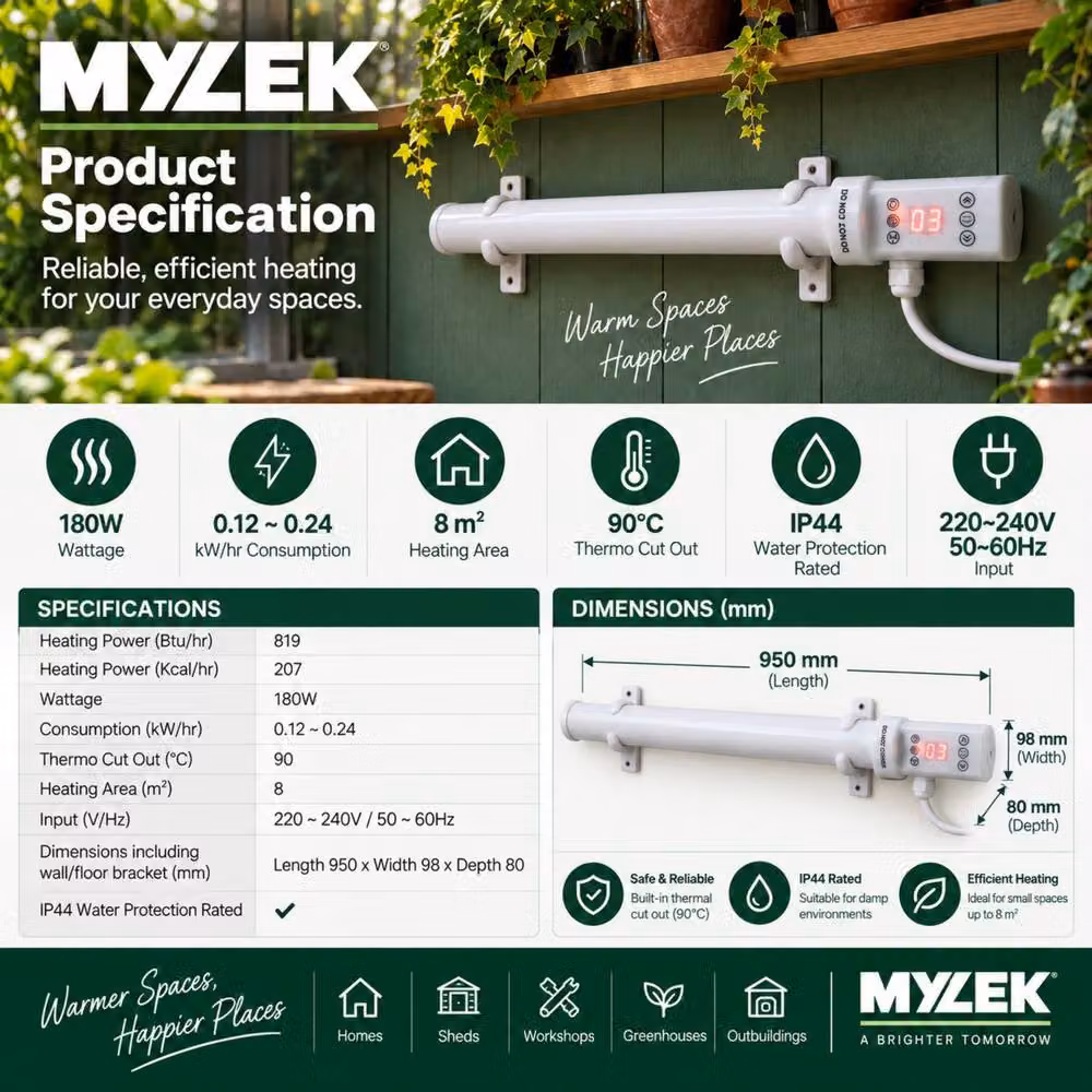 MYLEK 180W White Wall Mounted Infrared Tubular Heater with Digital Timer and Frost Protection – 2