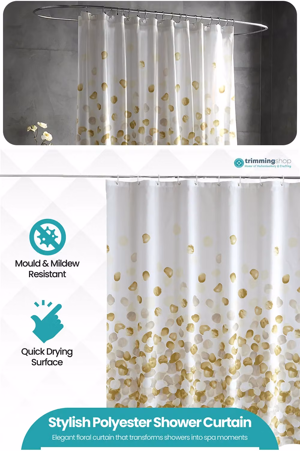 Neel Blue Golden Petals Polyester Shower Curtain in Blue, Gold and White, Water-Resistant and Mould-Resistant, W/D/H: 180 x 180 x 0 cm – 2