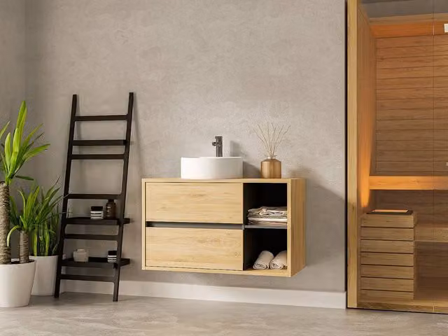 Vente-unique Modern Wall-Mounted Bathroom Vanity with Round Basin in Light Oak, W/D/H: 100 x 45.5 x 59.8 cm – 1