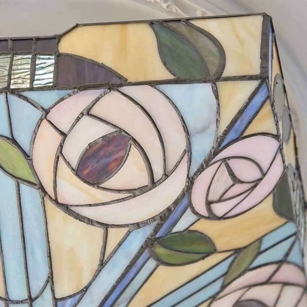 Loops Tiffany Glass Semi Flush Ceiling Light with Pink Rose Inverted Square Shade in Pink and Clear – 3