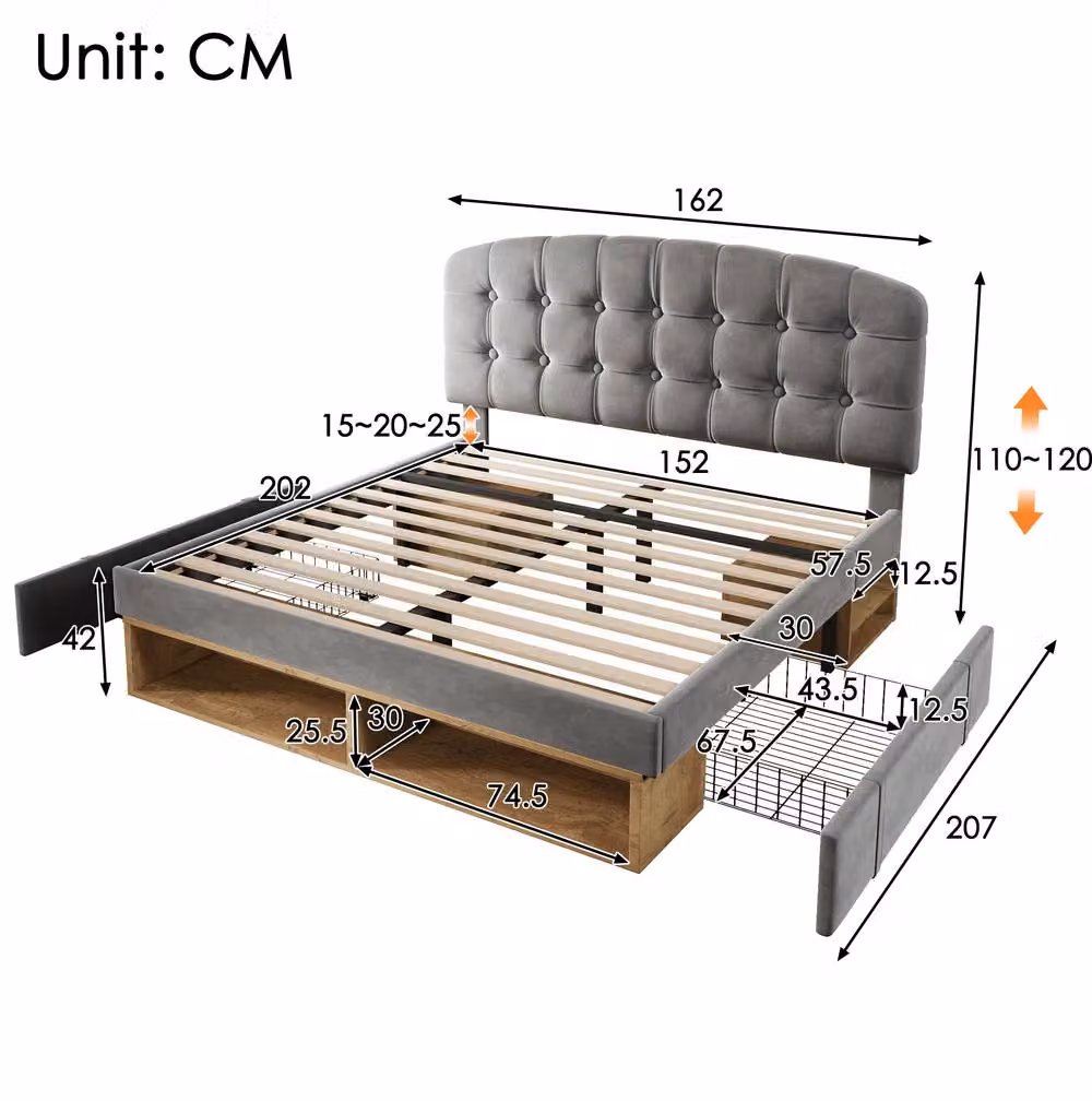 STILVORA Upholstered King Bed Frame with Drawers in Grey, W: 150 cm, D: 200 cm – 3