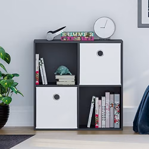 Vida Designs Durham 4 Cube Bookcase Storage Organiser with 2 White Baskets, Black – 2