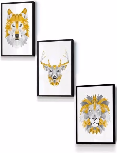 ARTZE Geometric Animal Heads Framed Wall Art, Yellow, Grey and Black, W: 33 cm, H: 45 cm, D: 2 cm
