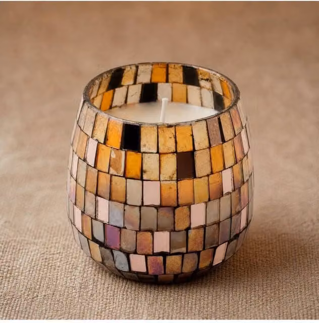 KDMD Amber Mosaic Medium Glass Votive Jar Candle in Multicolour