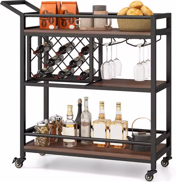 COSTWAY 3-Tier Industrial Metal and Wood Bar Cart in Brown