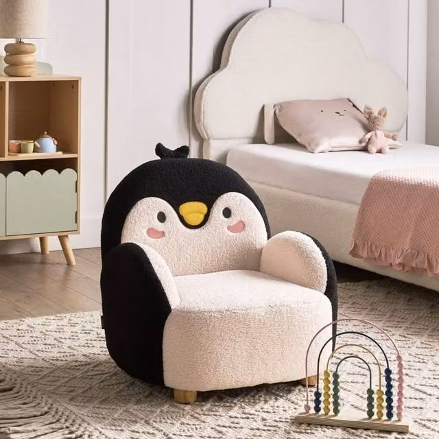 Wyld and Coco Penguin Kids Armchair in Black Boucle with Solid Rubberwood Frame – 1