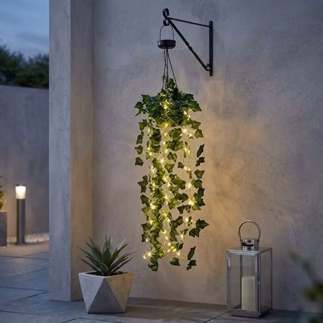 Garden Greatness Lunaria Hanging Solar Ivy Basket with Warm White LED in Green and Multicolour
