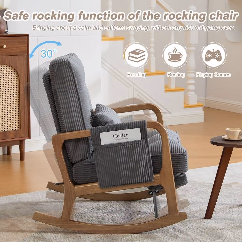 GOMYWAY Matteo Grey Corduroy Upholstered Rocking Recliner Chair with Armrests and Solid Wood Frame – 7