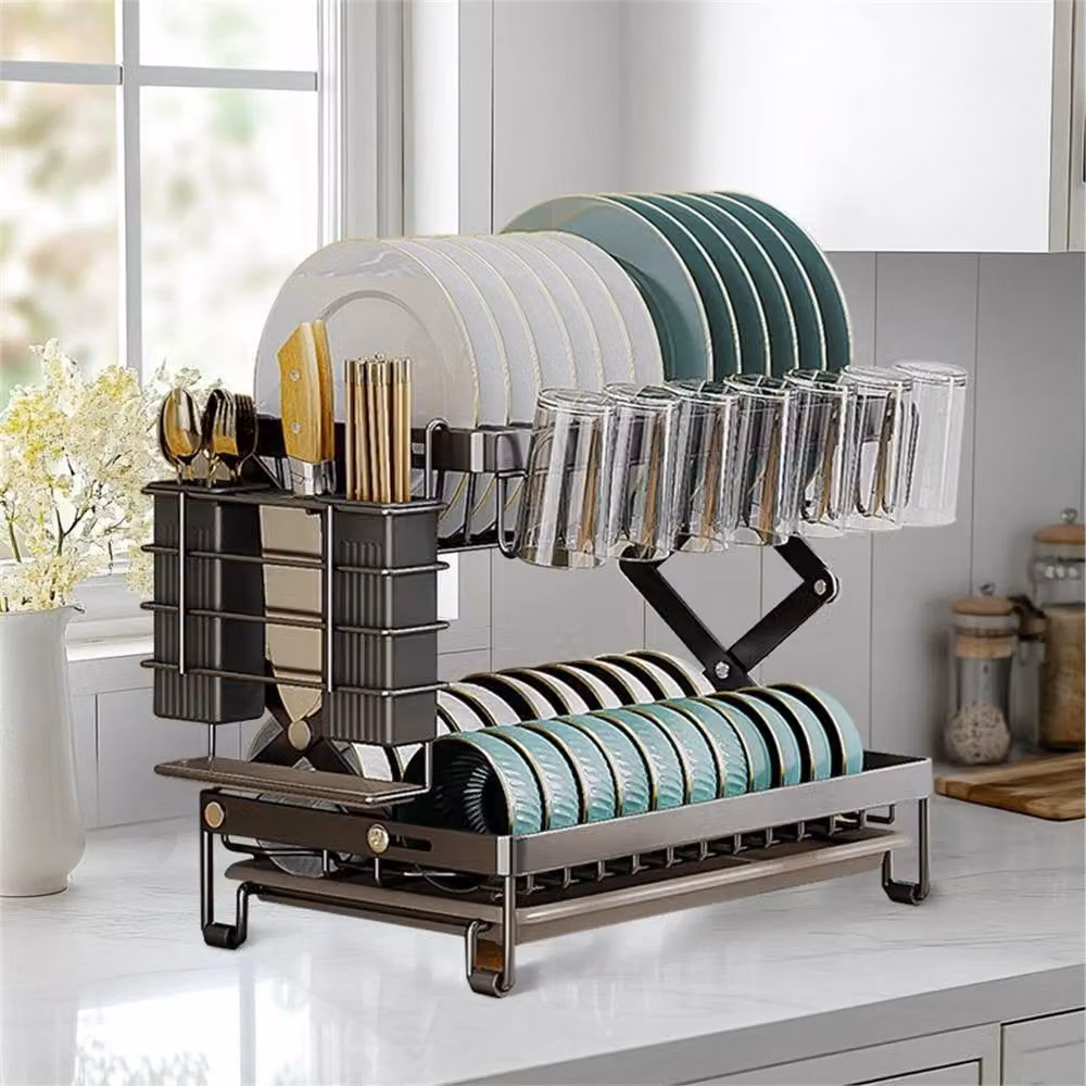 Nordara 2-Tier Grey Metal Dish Drying Rack with Cutlery Holder and Drip Tray, W: 100 cm, D: 15 cm, H: 31.5 cm – 3