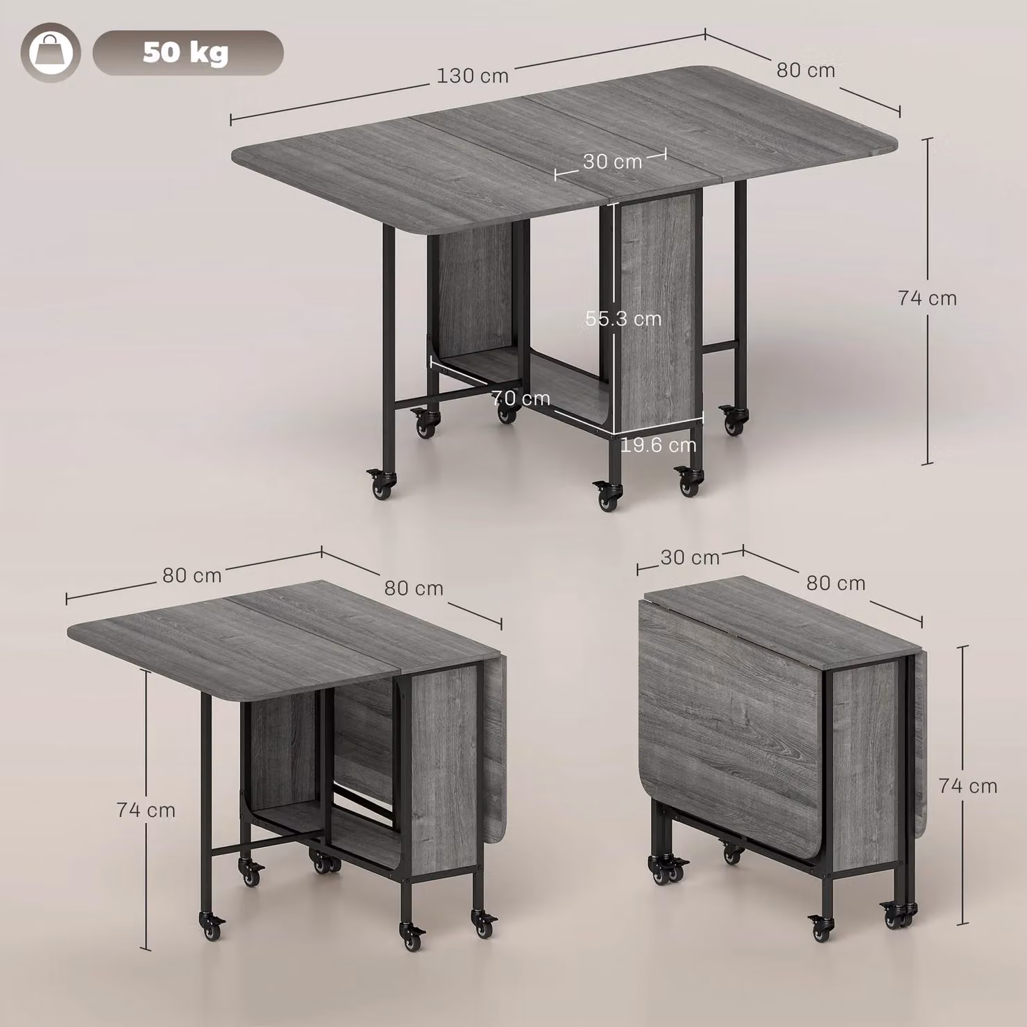 HOMCOM Mobile Drop Leaf Dining Table with Castors and Storage Shelf in Grey – 3