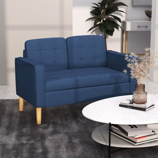HOMCOM Compact 2 Seater Loveseat Sofa with Storage and Wood Legs in Blue – 1