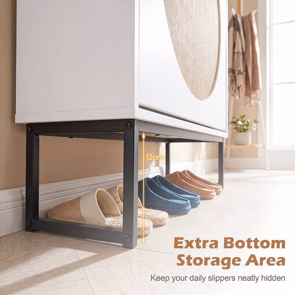 Gymax Modern White Narrow Shoe Storage Cabinet with Rattan Metal Tilting Compartments and Internal Shelves – 4