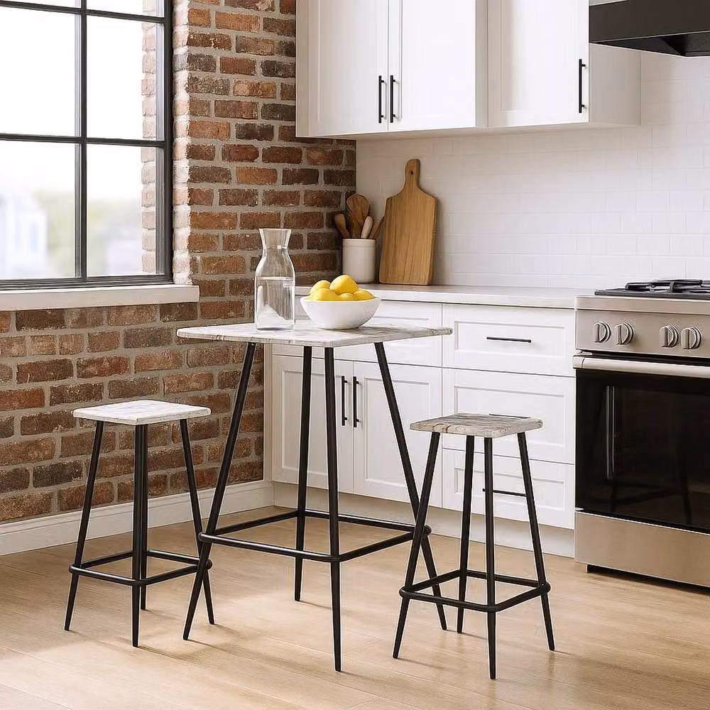 EONLION Modern White Marble Square Breakfast Bar Table and 2 Stools Set – 3