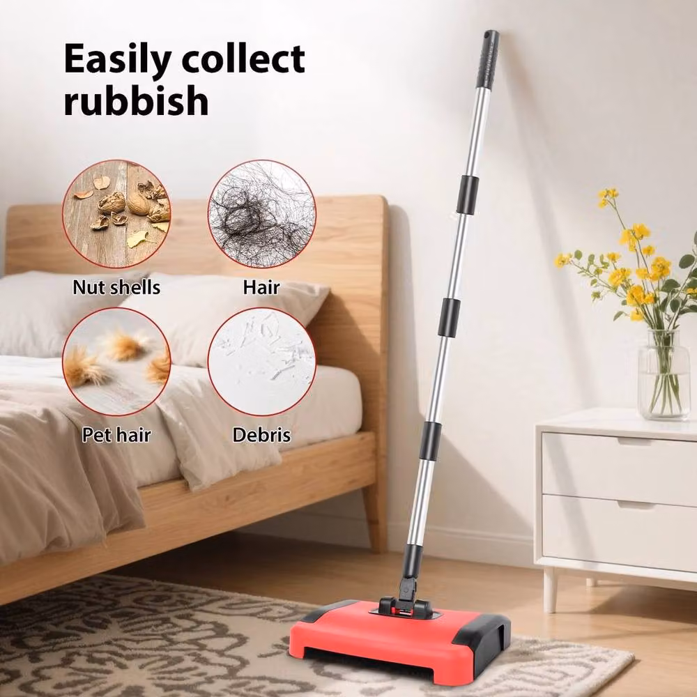 FLAVORA Manual Carpet Sweeper with Adjustable Telescopic Handle in Red – 3