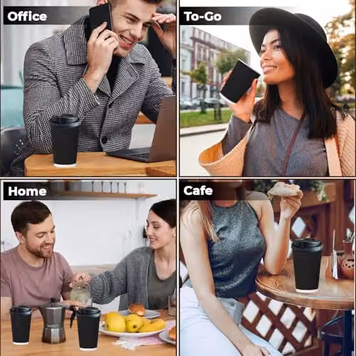 ECONX 500 Disposable Black Kraft Ripple Paper Coffee Cups with Lids, 16oz Insulated 3-Ply Takeaway Cups for Hot Beverages – 5