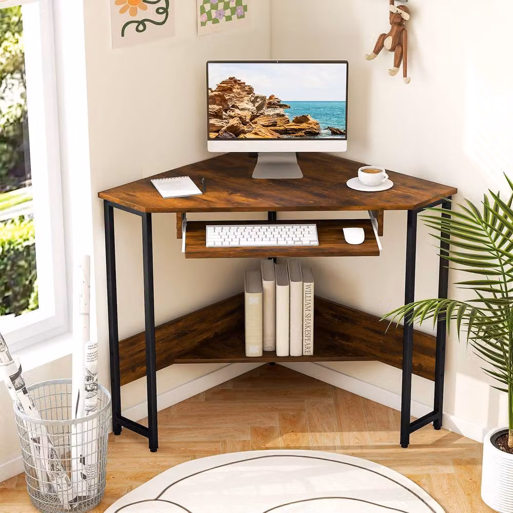 Costway Industrial Corner Desk in Brown with Metal and Wood Construction – 5
