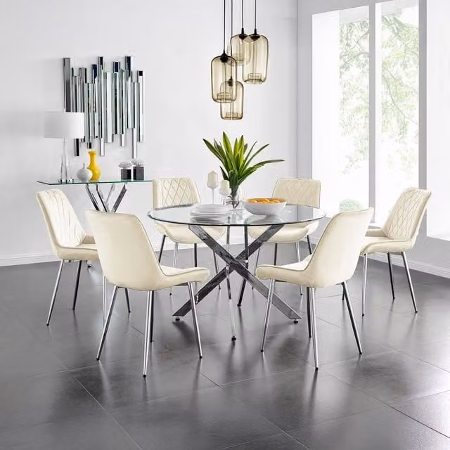FurnitureboxUK Novara Round Glass Dining Table with Six Pesaro Silver Leg Chairs in Beige and White, Diameter: 120 cm