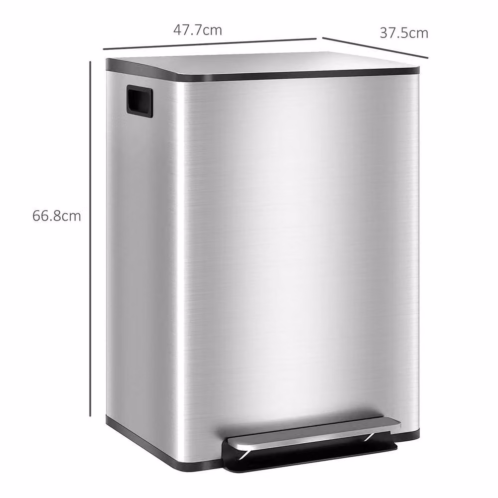 VOGREX Double Kitchen Pedal Bin with Soft-Close Lid and Removable Inner Buckets, Silver Stainless Steel, 2 x 30L – 2