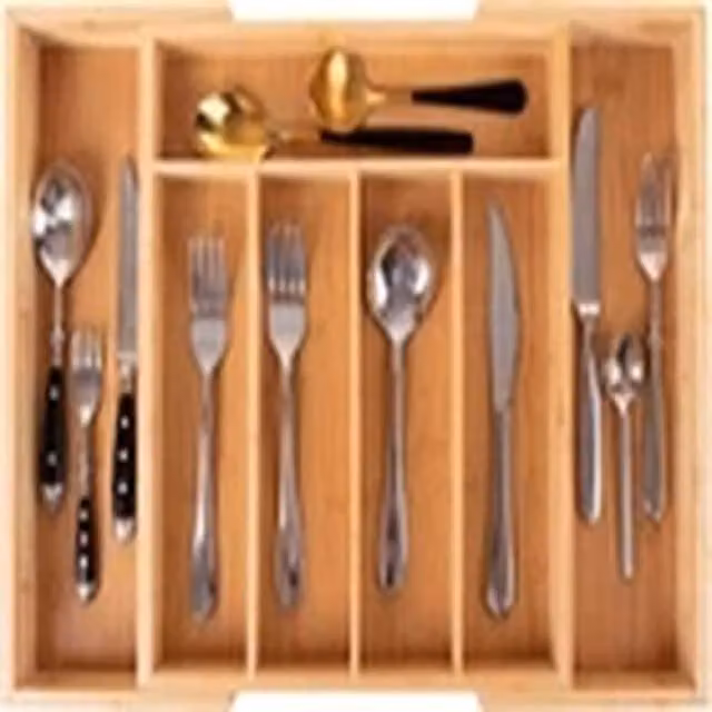 EONLION Expandable Bamboo Cutlery Tray Drawer Organiser in Natural Brown and Beige