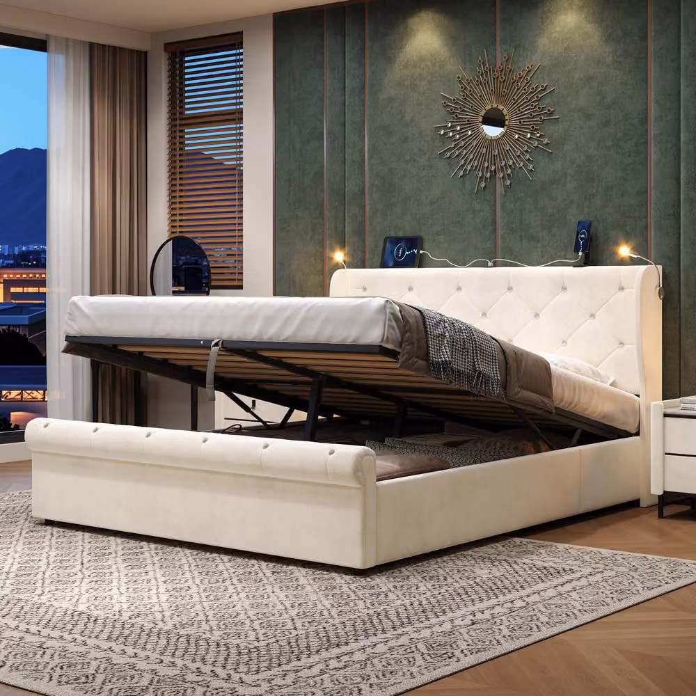 Matteo Double Upholstered Hydraulic Storage Bed Frame in Beige with USB Charging Port and Integrated Reading Light, W/D/H: 140 x 200 cm – 2