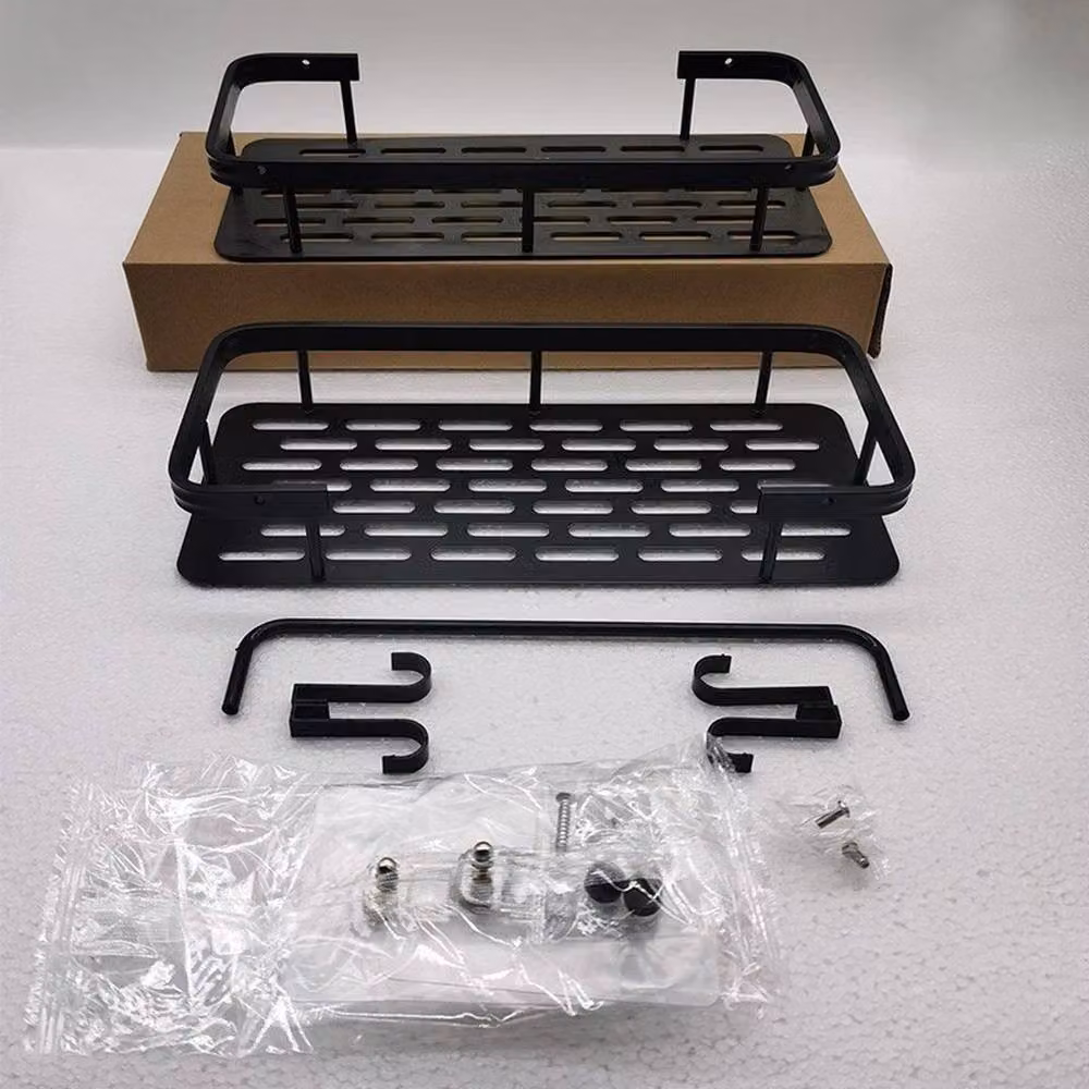 PAWNORA Matt Black Metal No-Drill Wall Mounted Bathroom and Kitchen Shelf – 4