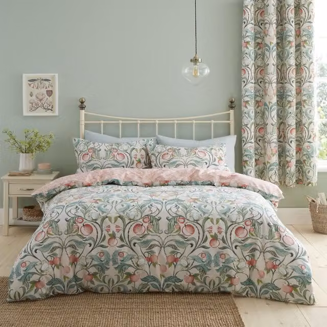 Catherine Lansfield Clarence Reversible Floral Duvet Cover Bedding Set in Green and Pink Cotton Polyester Blend