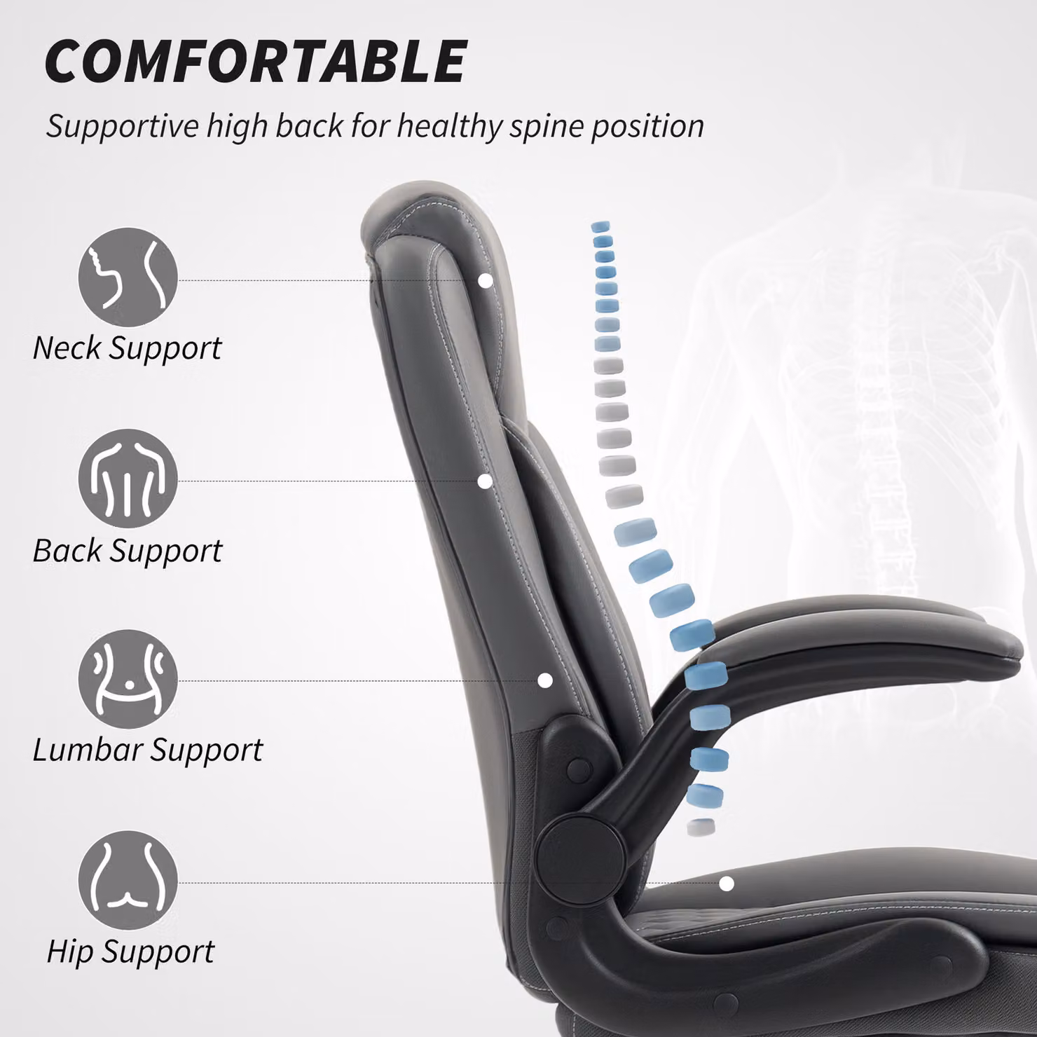HOMCOM Faux Leather Office Task Chair with Flip-Up Armrests and 360 Degree Swivel, Grey, W/D/H: 65 x 60 x 120 cm – 4