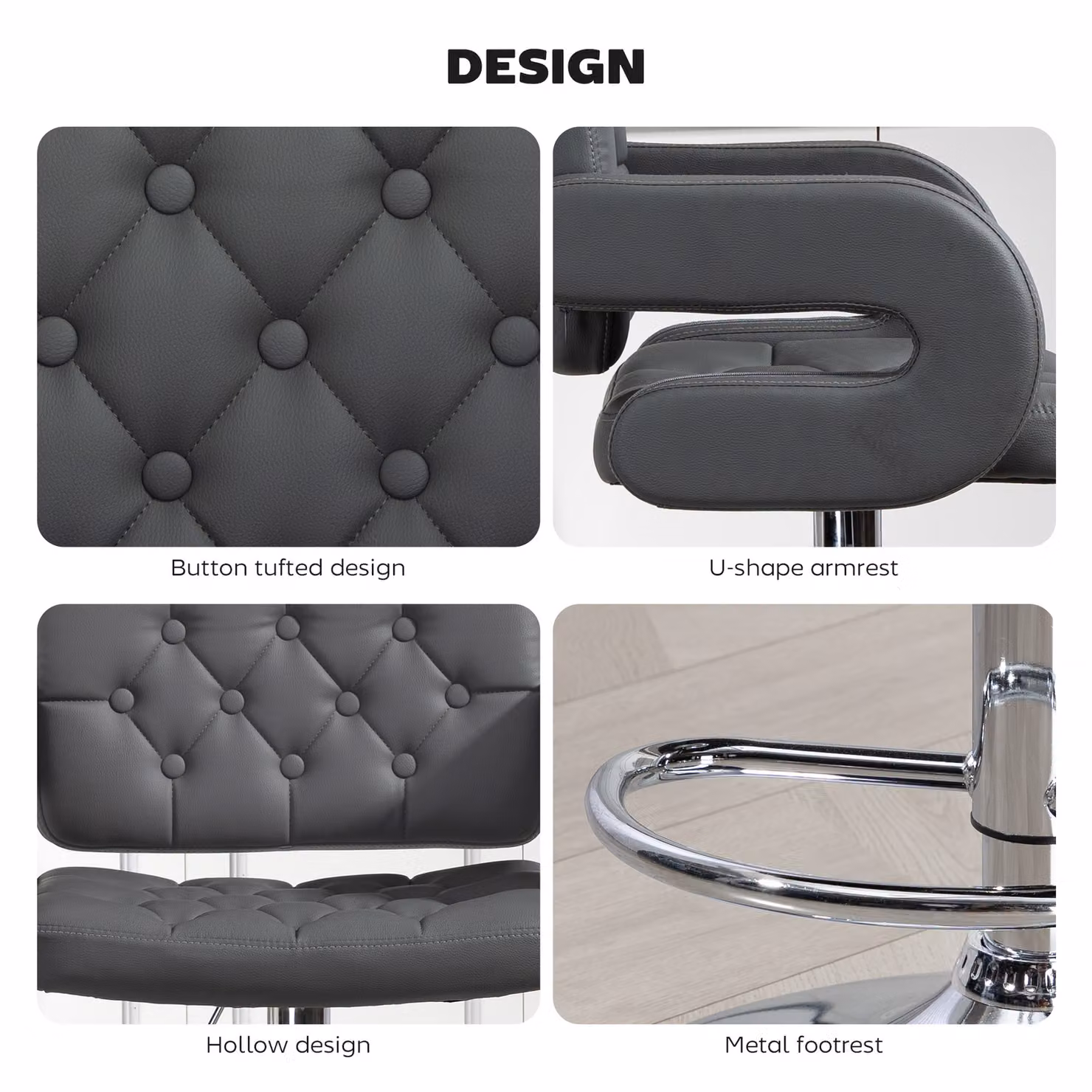 HOMCOM Grey PU Leather Upholstered Swivel Bar Stool with Armrests and Footrest, Height Adjustable – 6