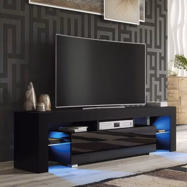 Creative Furniture Aria TV Unit, Black with Glossy Doors and LED Lights, W: 160 cm, D: 35 cm, H: 45 cm