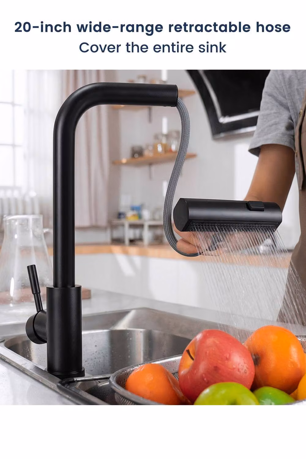 JANLEMNY Waterfall Pull-Out Kitchen Mixer Tap in Matt Black with 3 Functions and 360 Swivel Spout – 4