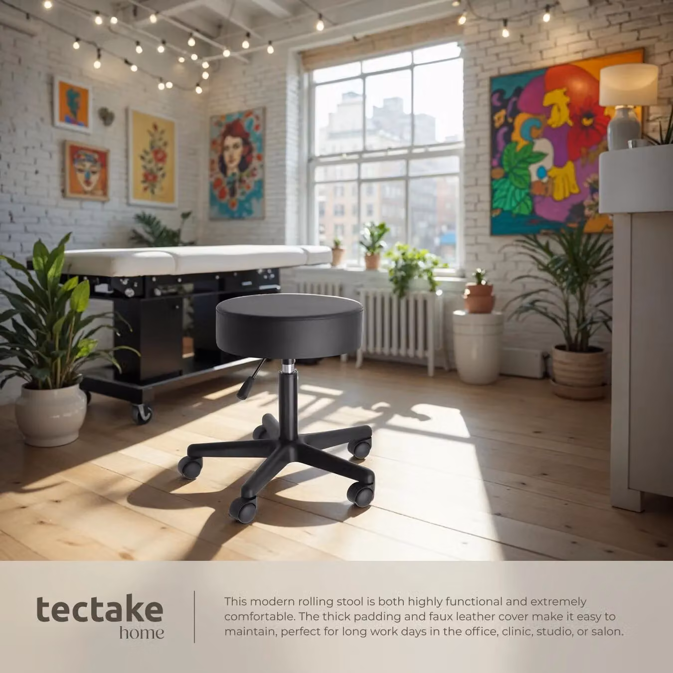tectake Werner Desk Stool in Black with Synthetic Leather and Castors – 4