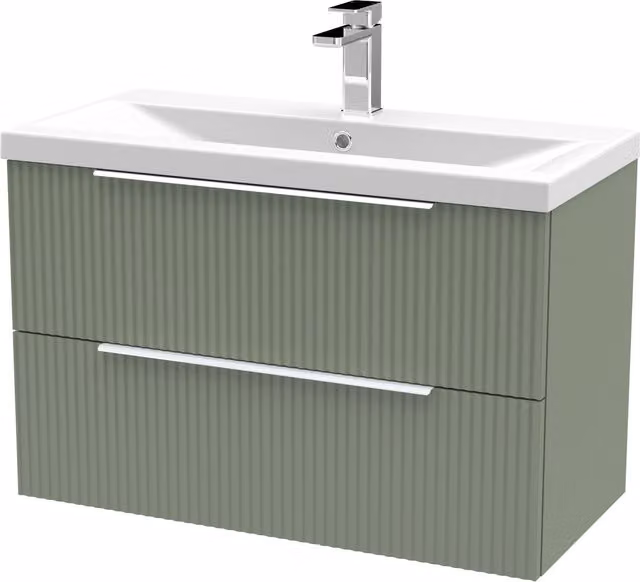 Balterley Fluted Wall Hung 2 Drawer Vanity Basin Unit and Basin, Satin Green, Width: 80 cm – 1