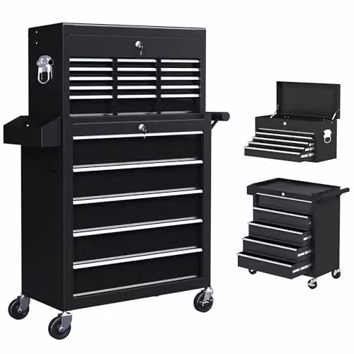 HOMCOM 2 in 1 Rolling Tool Cabinet with 14 Drawers and Pegboard, Black Steel