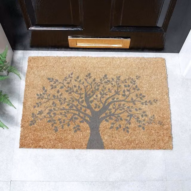 Artsy Mats Tree of Life Grey Coir Doormat, W: 60 cm, D: 40 cm
