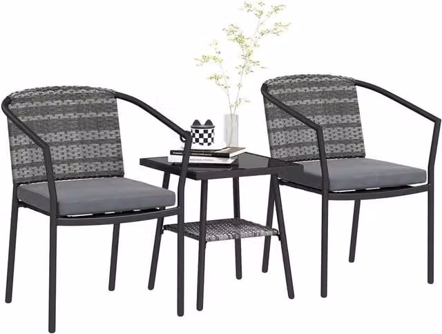 Nordara 3 Piece Rattan Bistro Set with Glass Top Table and Grey Cushions, W: 100 cm, D: 60 cm, H: 60 cm – 1