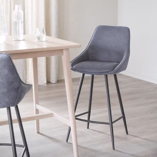 FWStyle Modern Grey Velvet Padded Bar Stools with Black Metal Legs
