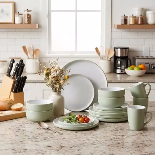 Waterside 16-Piece Green and White Stoneware Dinner Set with Dinner Plates, Side Plates, Deep Bowls and Mugs – 4