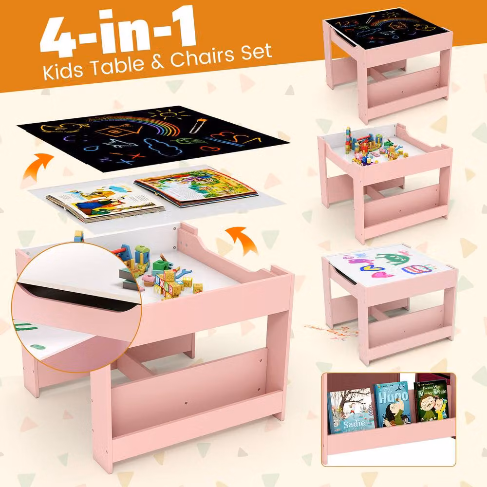 Costway 4 in 1 Kids Study Table and 2 Chairs Set in Pink – 3