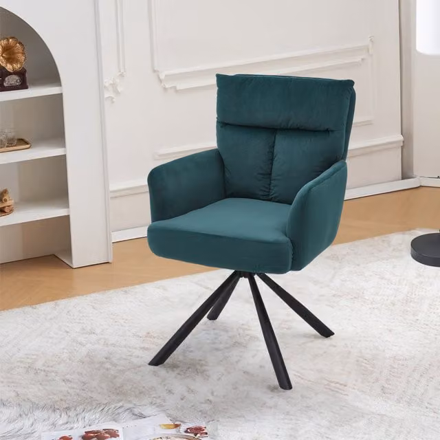 Livingandhome Modern Green Velvet Upholstered Swivel Armchair with Armrests and Black Legs