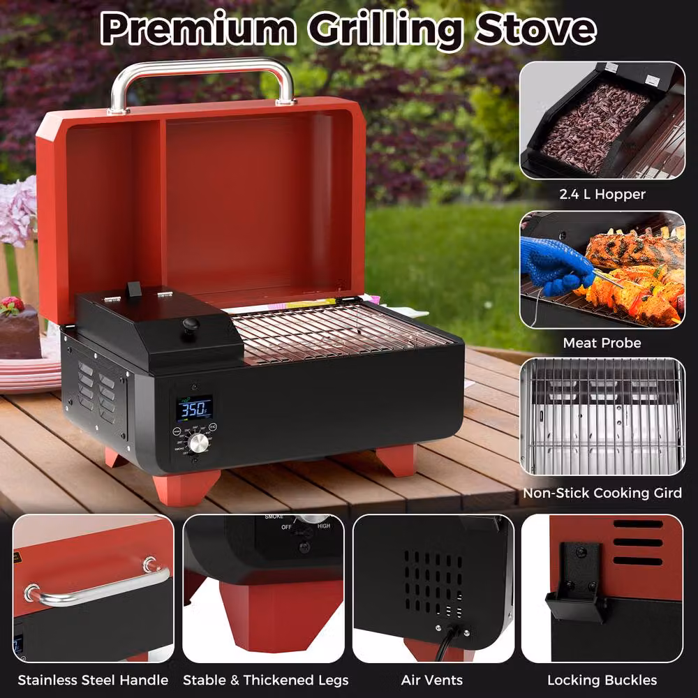 Costway 8-in-1 Digital Control Wood Pellet Smoker and Tabletop Grilling Stove, Red, W/D/H: 46 x 38 x 46 cm – 8