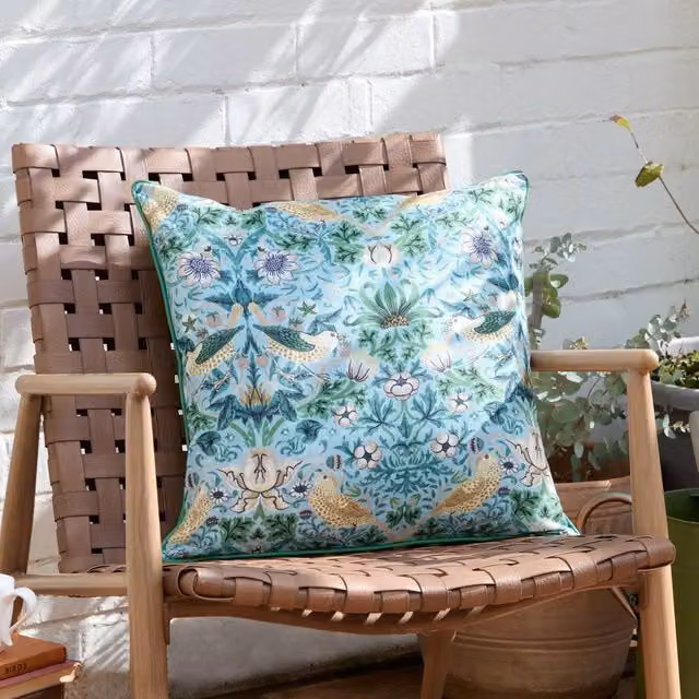 Morris & Co. Strawberry Thief Floral Outdoor Cushion in Blue and Yellow, W/D/H: 50 x 50 x 50 cm