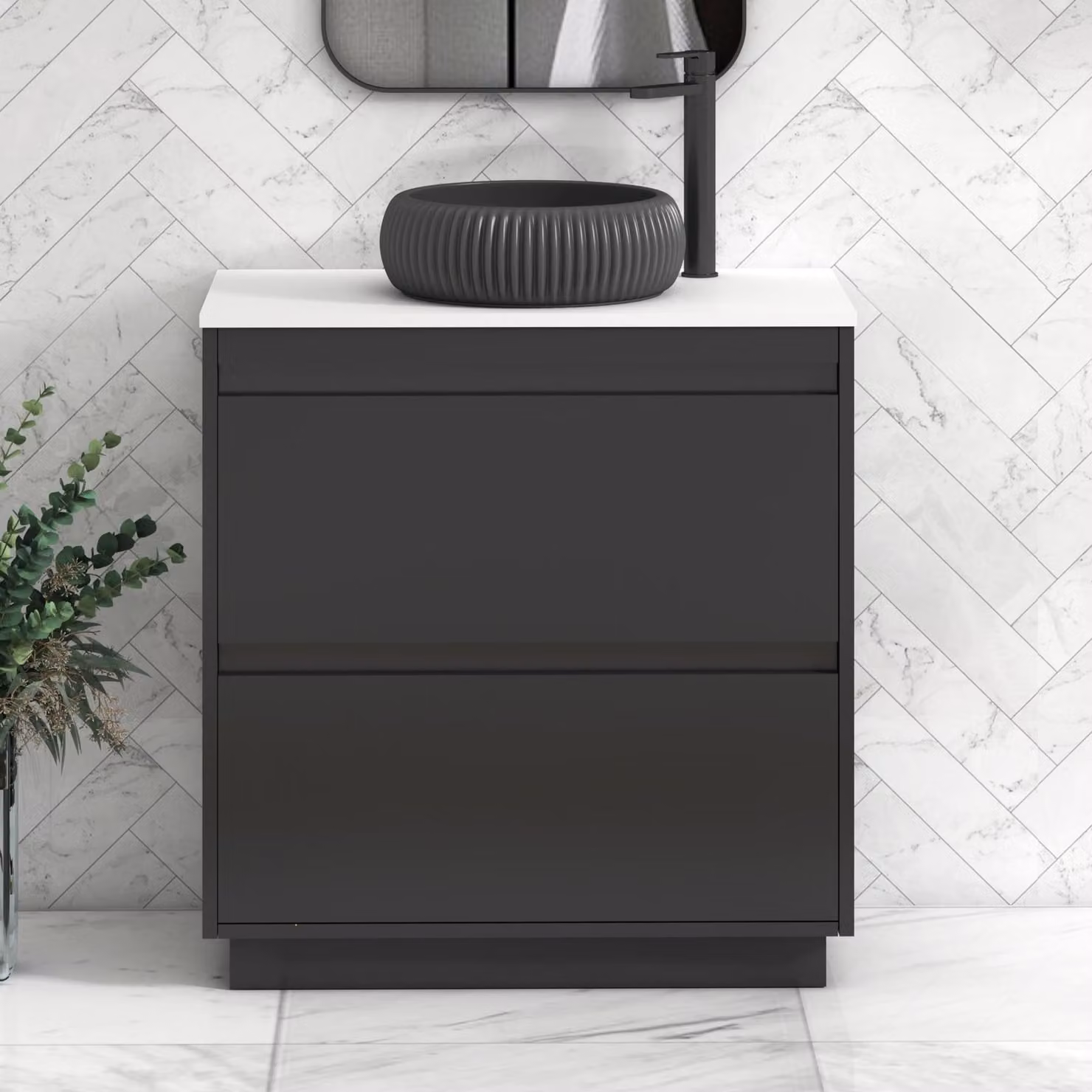 Royal Bathrooms Orion 800mm Matt Obsidian Black and Plain White Floor Standing Vanity Unit with Milan Black Basin and Black Accent Trim