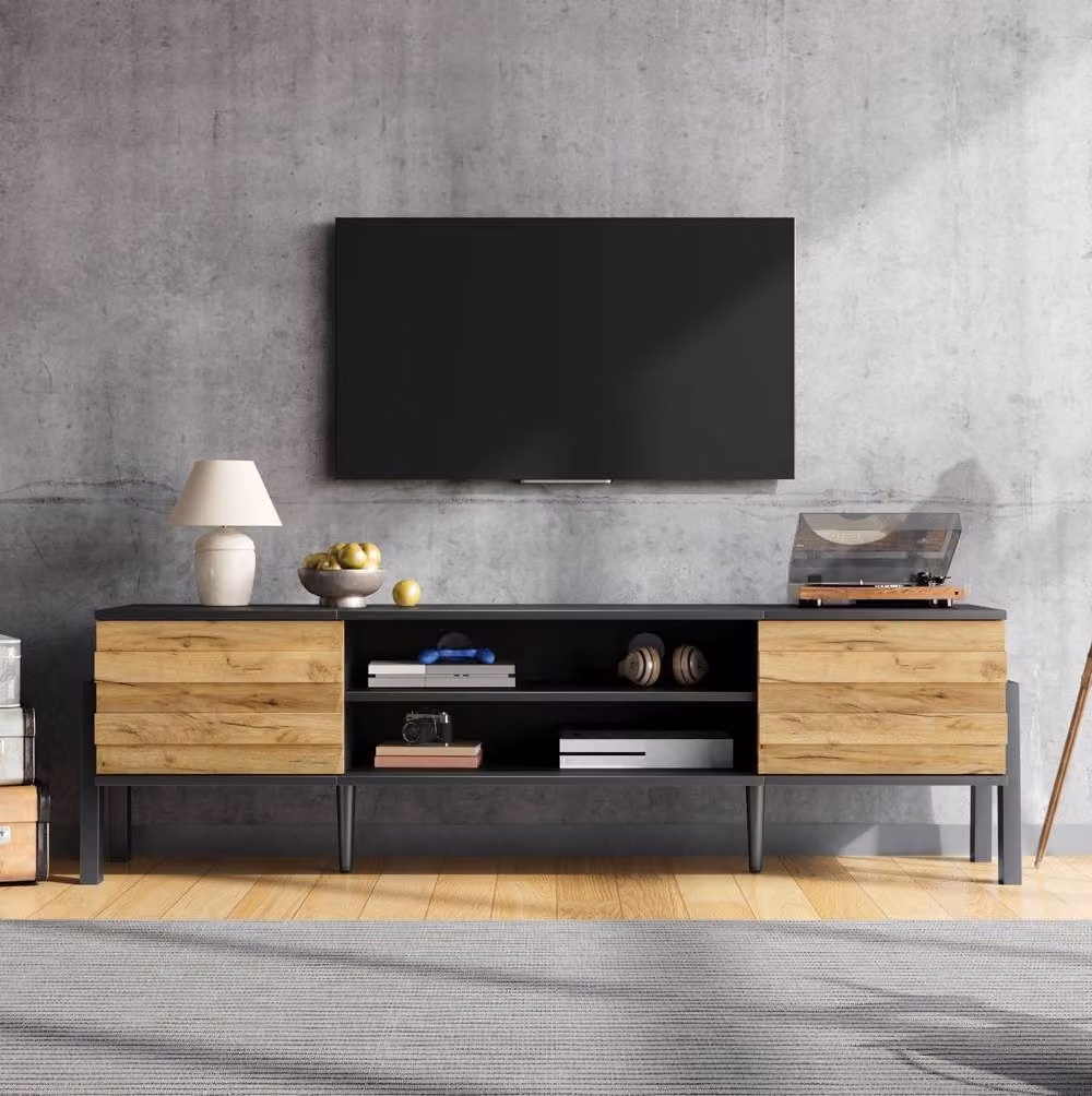 STILVORA Natural and Black TV Stand for 70 Inch TVs with 2 Doors – 2