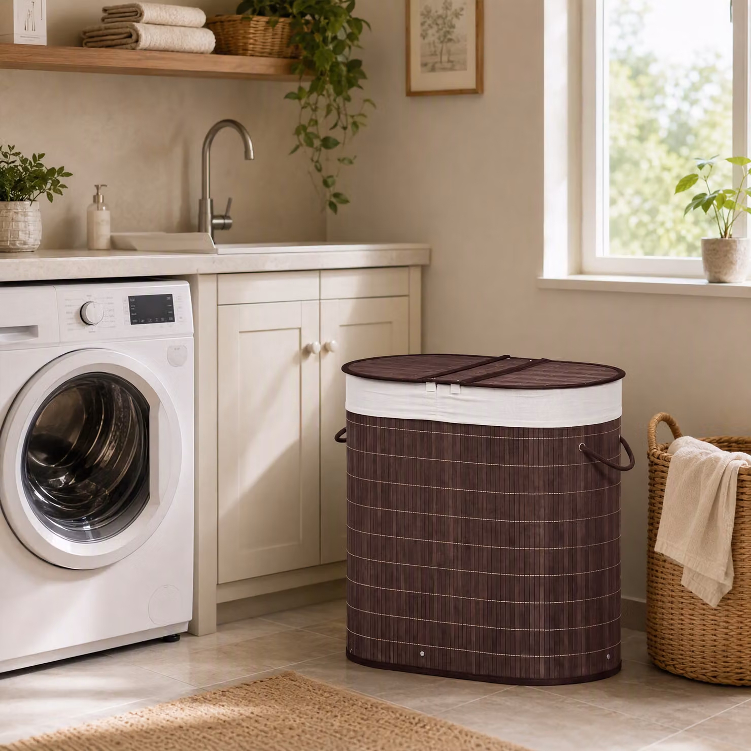 HOMCOM 100L Bamboo Laundry Basket with Lid and 2 Compartments in Brown – 6