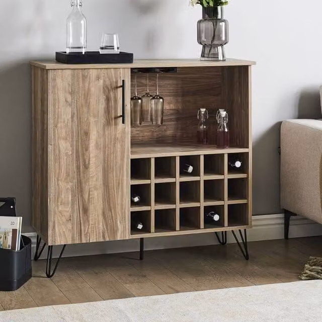 Wyld and Coco Light Brown Wine Rack with Built-in Storage and Metal Legs, W/D/H: 90.0 x 36.0 x 97.0 cm – 1