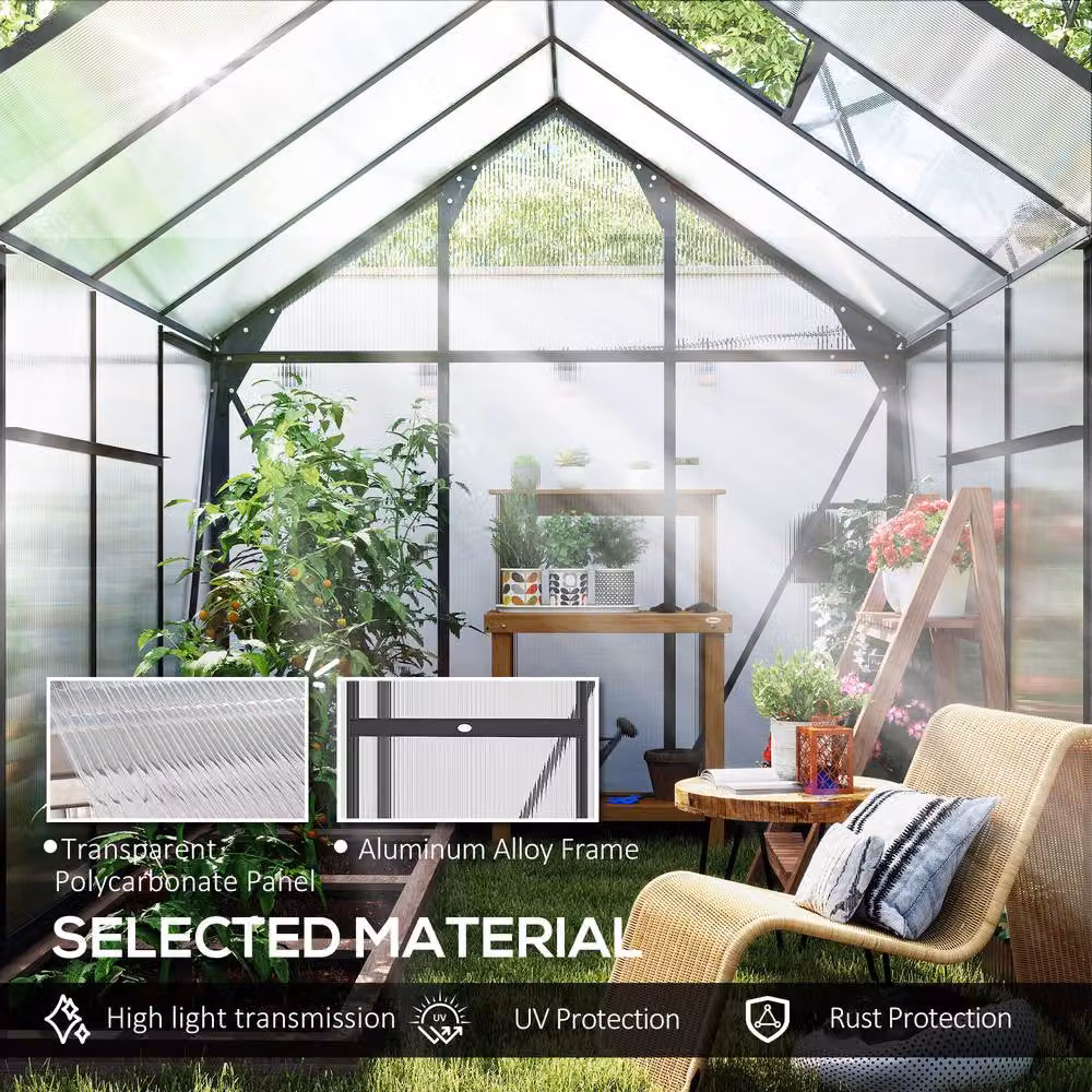 STILVORA Grey Walk-In Greenhouse with Aluminium Frame, Polycarbonate Panels, Sliding Door, Window and Rain Gutter, W/D/H: 190 x 190 x 201 cm – 5